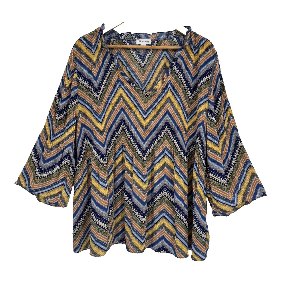 Chloe + Rene Babydoll Top 2X Blue Yellow Chevron Tunic Bell Sleeve Boho Flowy